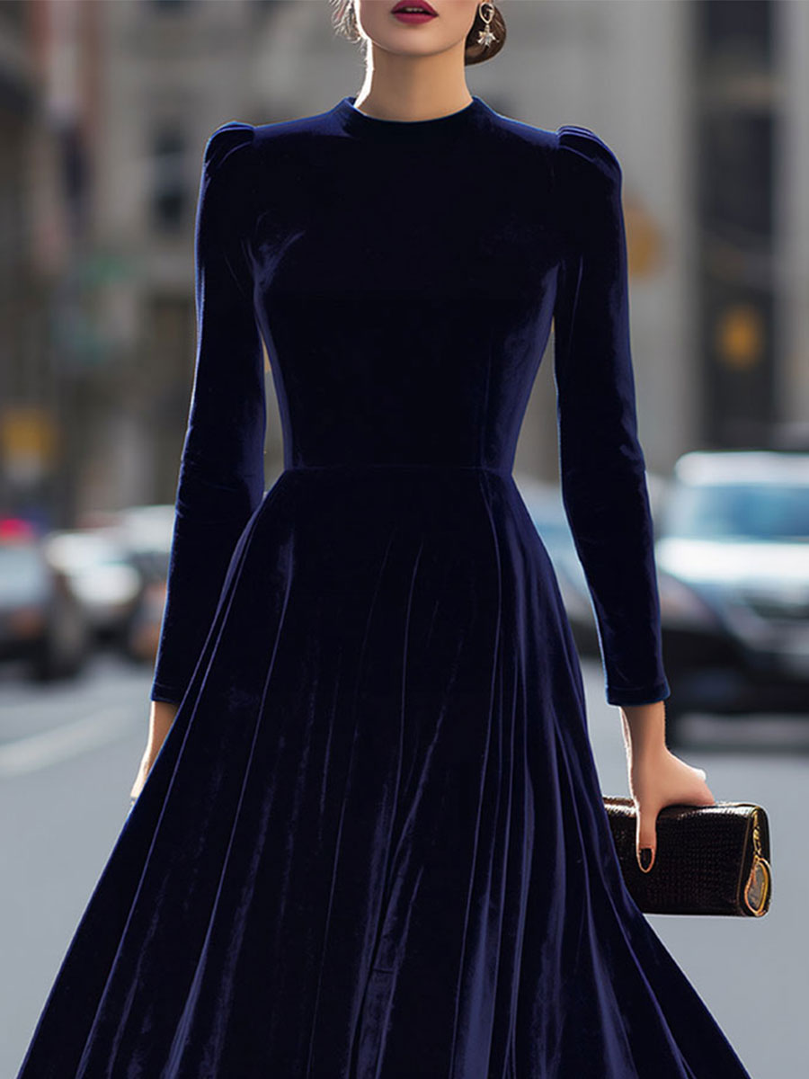 Elissa | Navy Blue Midi Dress with Long Sleeves