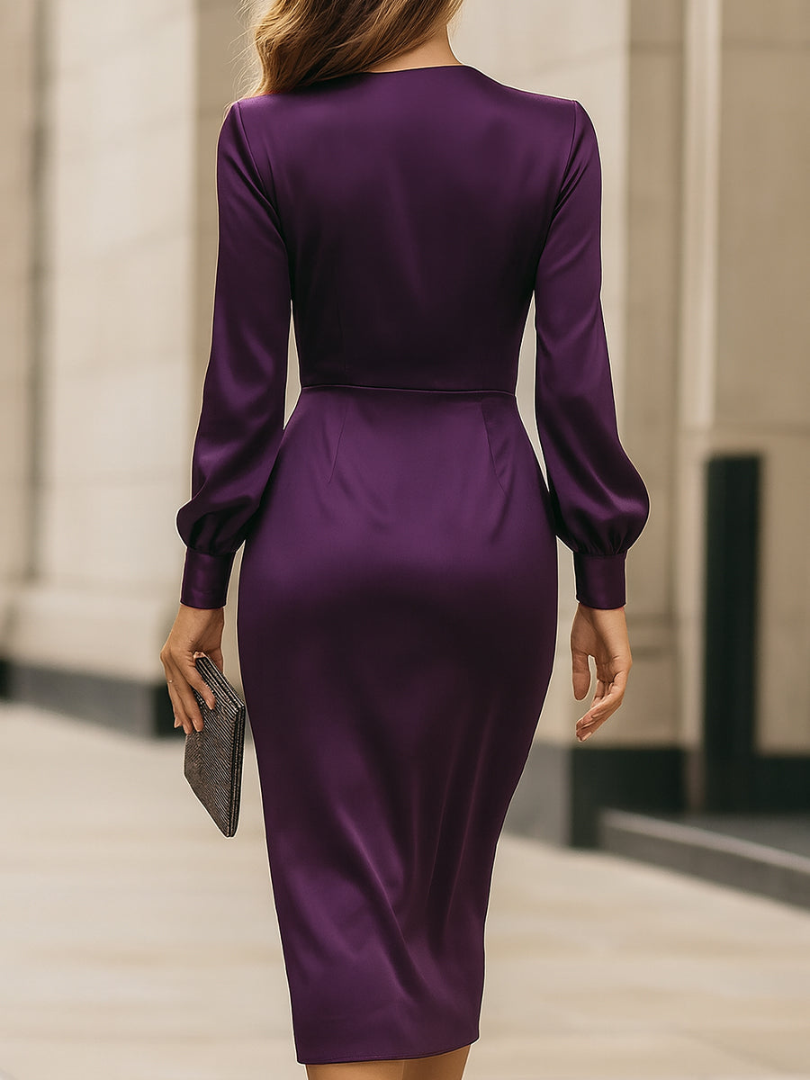 Clara | Midi Dress in Deep Plum Satin Wrap Style