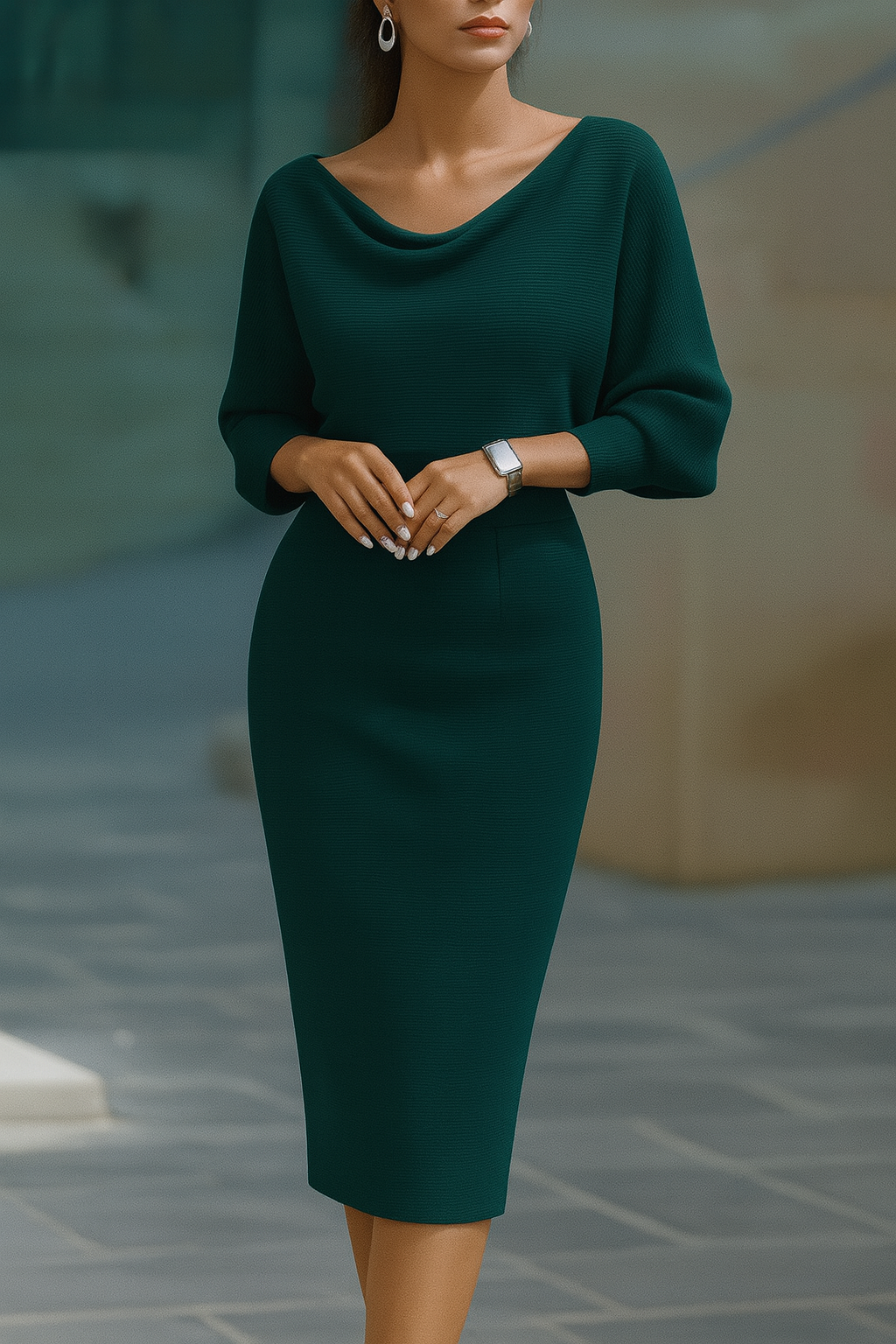 Olivia | White Midi Dress with Draped Batwing Sleeves