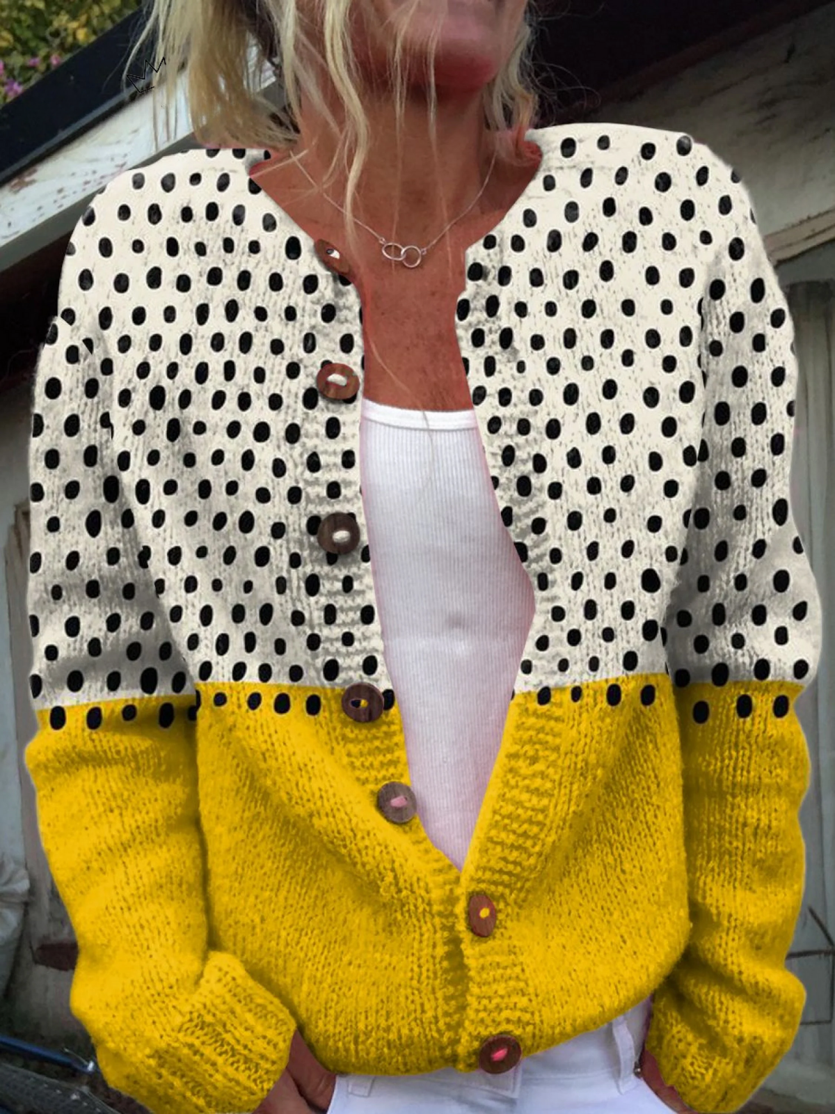 Hazel | Up Cardigan Sweater with Yellow Geometric Polka Dot Print